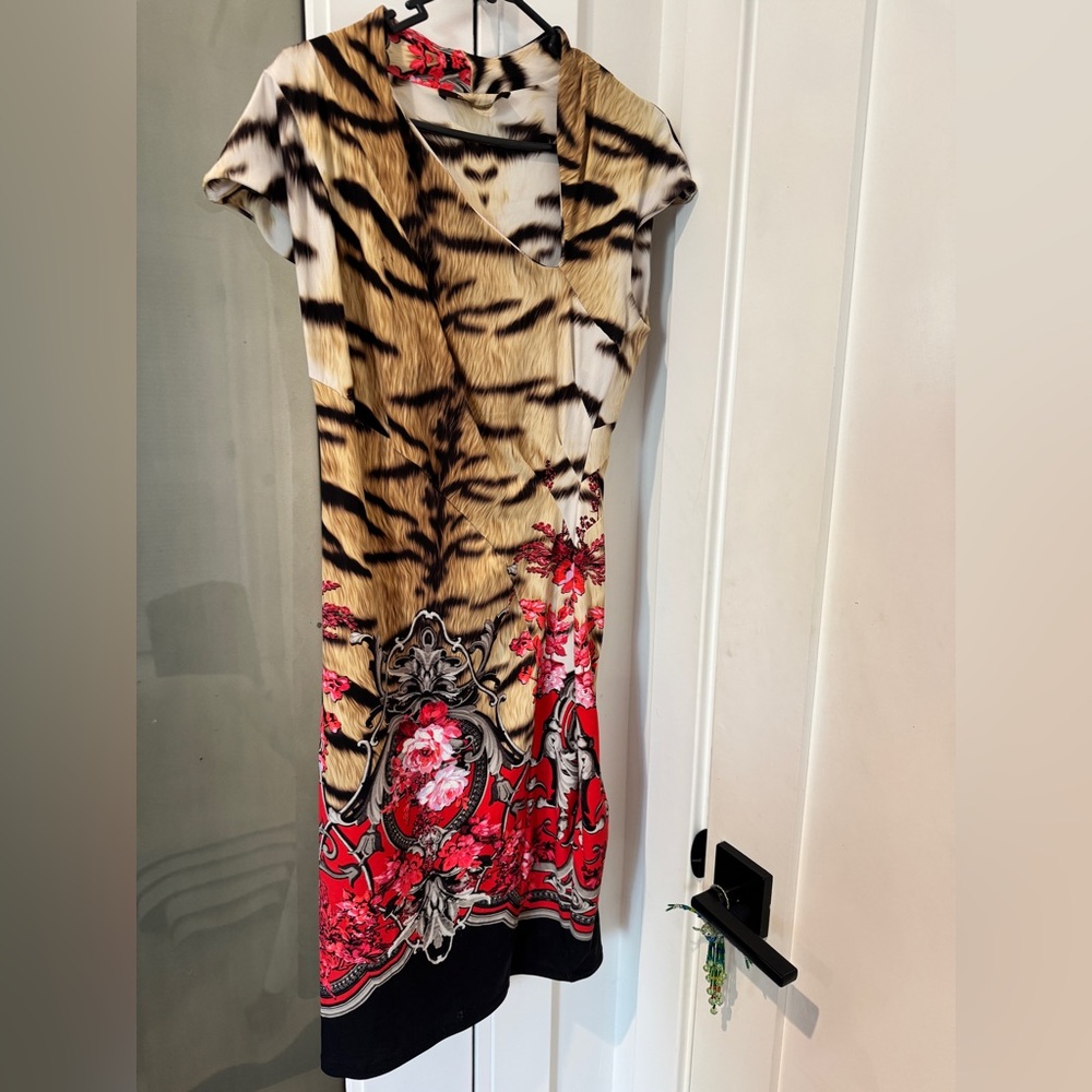 Roberto Cavalli Tan Black Red Floral Animal Print Dress